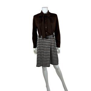 Vintage 70s Secretary Dress Womens L Brown Long Sleeve Ascot Necktie Plaid Skirt